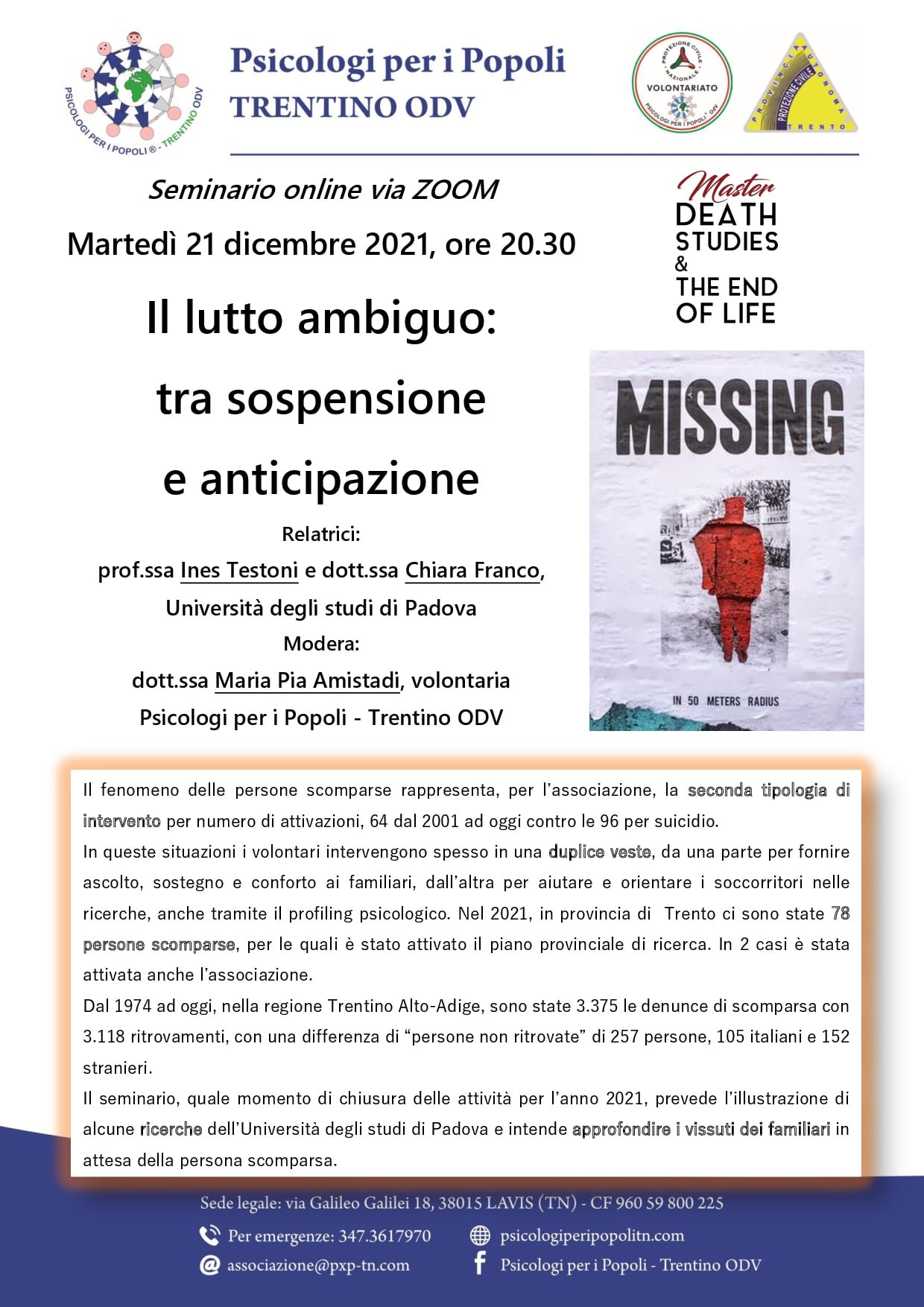 Il lutto per le persone scomparse. Seminario online