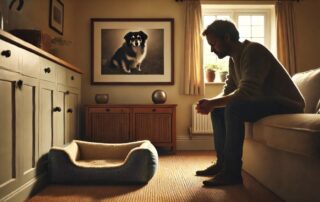 Perdita di un animale domestico: un dolore profondo e reale. Nella foto una scena tranquilla di una persona seduta silenziosamente su un divano, che guarda una cuccia vuota, senza l'animale all'interno, per riflettere la perdita di un animale domestico. Sullo sfondo, c'è una foto incorniciata del cane, creando una connessione personale con l'animale. La luce soffusa e calda filtra attraverso una finestra vicina, creando un'atmosfera calma ma triste. La stanza è accogliente, con decorazioni semplici, e l'umore generale dell'immagine trasmette ricordo, perdita e il profondo legame emotivo condiviso con l'animale che è venuto a mancare.